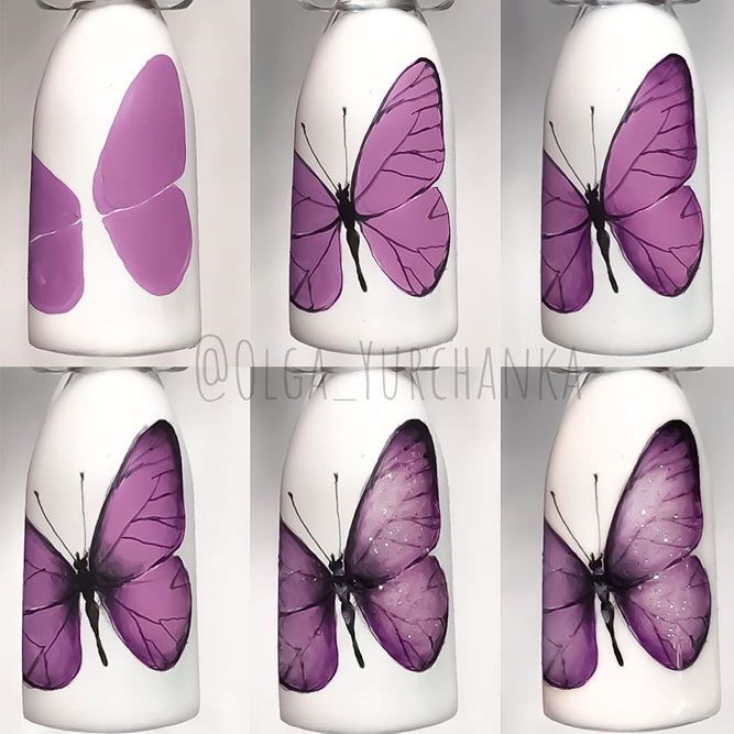 Whimsical Butterfly Nail Designs in Delicate Purple Hues and Intricate Patterns