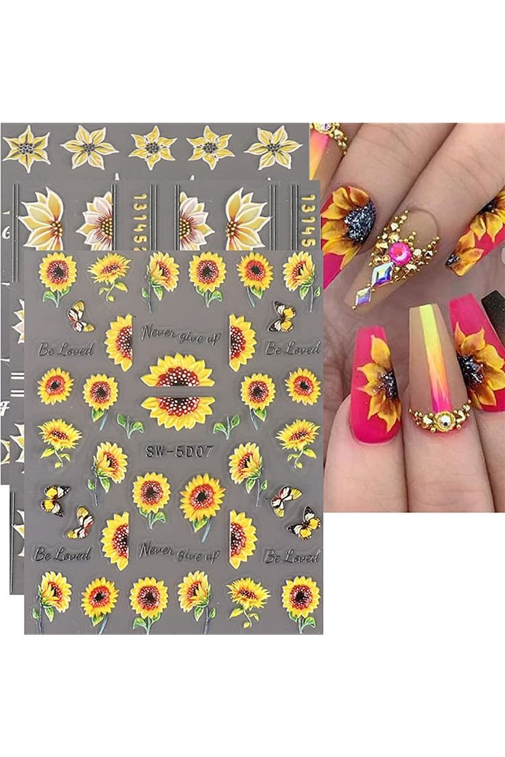 Cheerful Sunflower Nail Design with Bright Pink Gradient and Gem Embellishments.