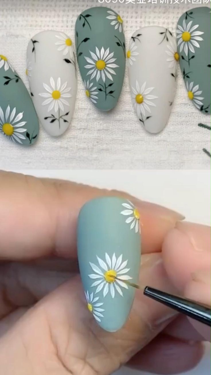 Elegant Floral Nail Design with Hand-Painted Daisies on Soft Pastel Backgrounds