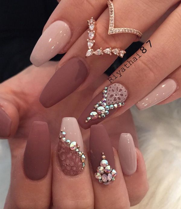 Chic Nail Design: Muted Mauve and Soft Nude with Glamorous Embellishments