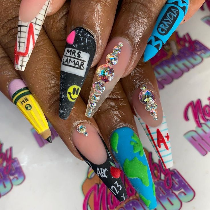 Vibrant School-Themed Nail Art with Rhinestones for Creative Educators and Students