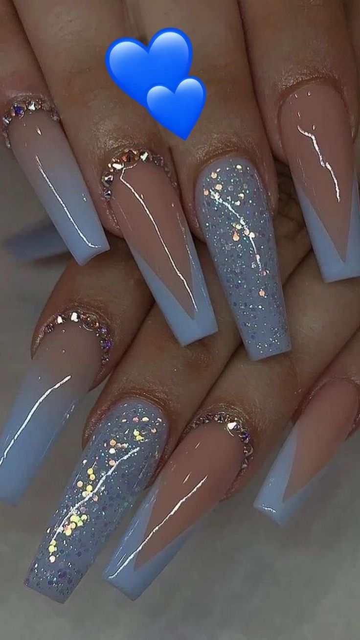 Elegant Beiged and Gradient Blue Nail Design with Glitter and Rhinestones for a Chic Look.