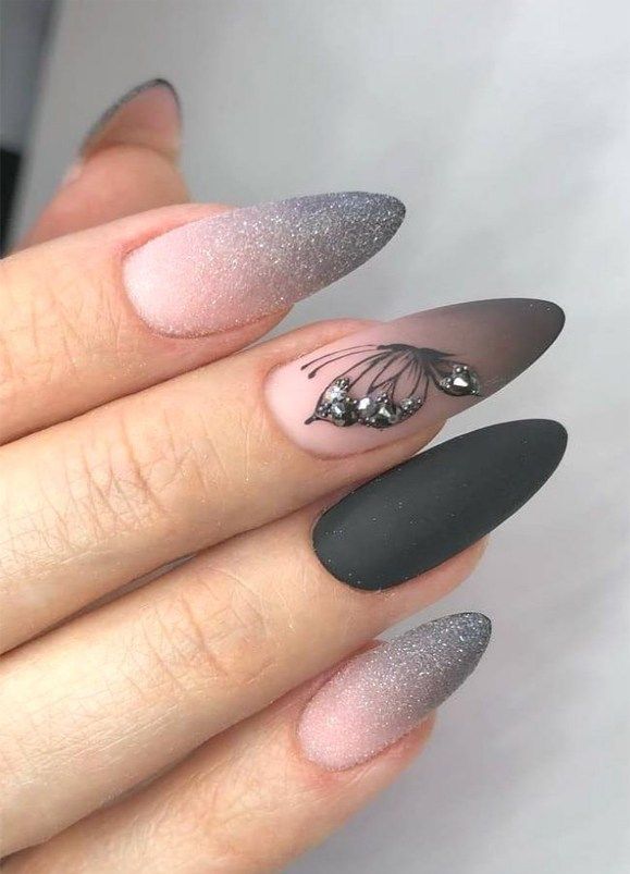 Sophisticated Gradient Nail Design with Butterfly Accents and Glamorous Finishes