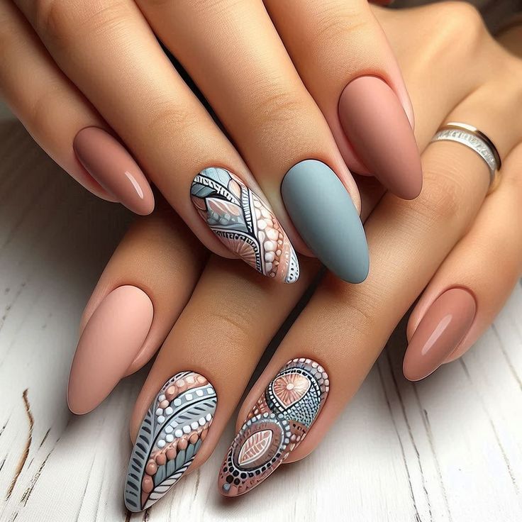 Chic Nail Design: Soft Matte Colors with Elegant Abstract Patterns