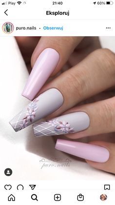 Sophisticated Lavender and Pink Nail Design with Floral and Geometric Accents.