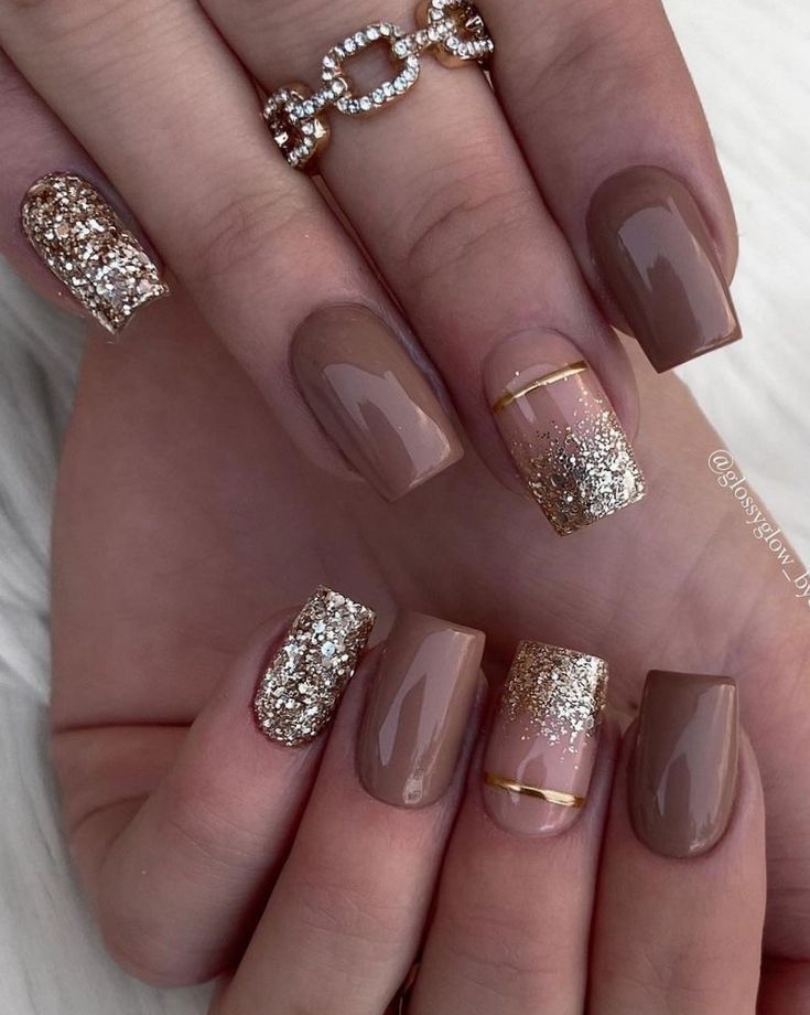 Sophisticated Glossy Beige and Sparkling Gold Elegant Nail Design.