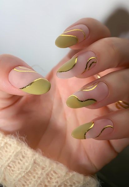 Chic Nail Design: Elegant Muted Green and Soft Nude with Gold Accents