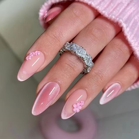 Charming Elegant Pink Gradient Nails with Floral Accents and Sparkling Ring