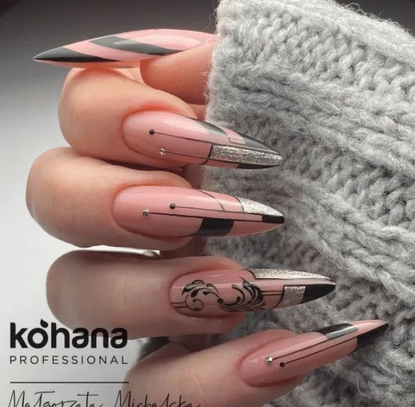 Stylish Long Nails: Soft Pink Base with Black Geometric Patterns and Floral Silver Accents