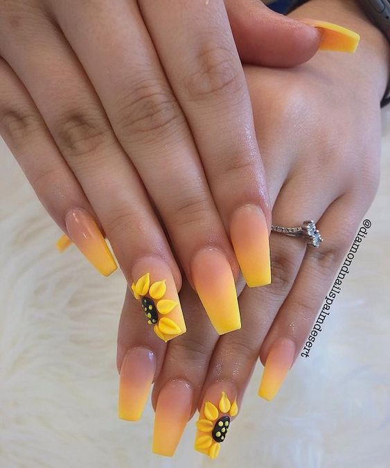 Vibrant Ombre Sunflower Nail Design with Hand-Painted Accents.