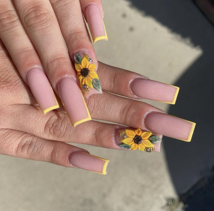 Cheerful Sunflower Nail Design with Matte and Glossy Finishes for a Vibrant Look.