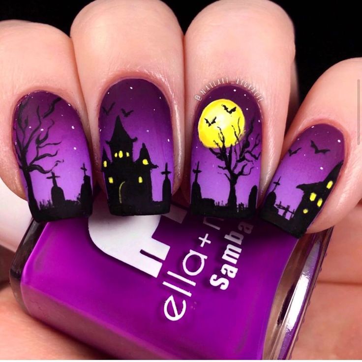 Haunting Halloween Nail Design: Deep Purple and Black Gradient with Bats, Trees, and a Whimsical Castle Against a Yellow Moon.