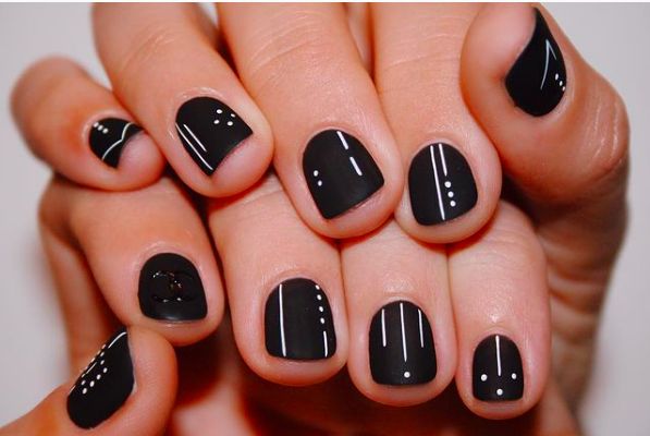 Elegant Chic Black Matte Nails with Minimalist White Accents and Contemporary Flair.