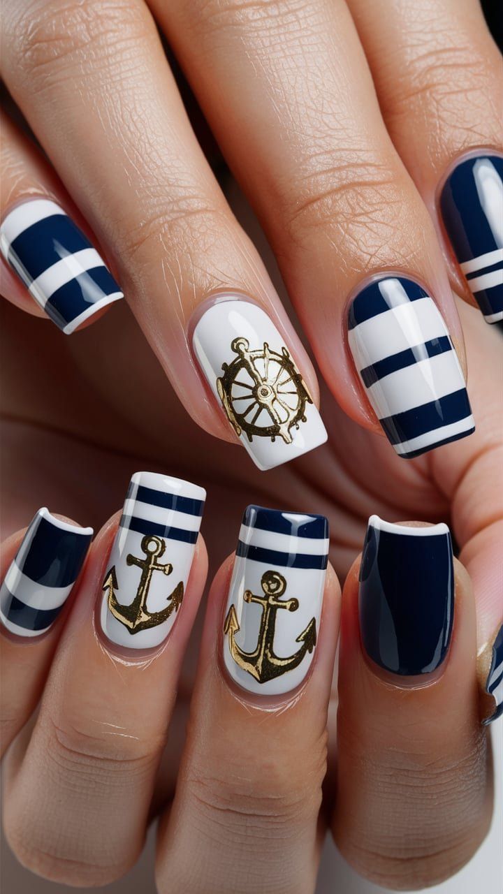 Nautical-Inspired Nail Design: Chic Navy Blue and White Stripes with Glamorous Gold Accents.