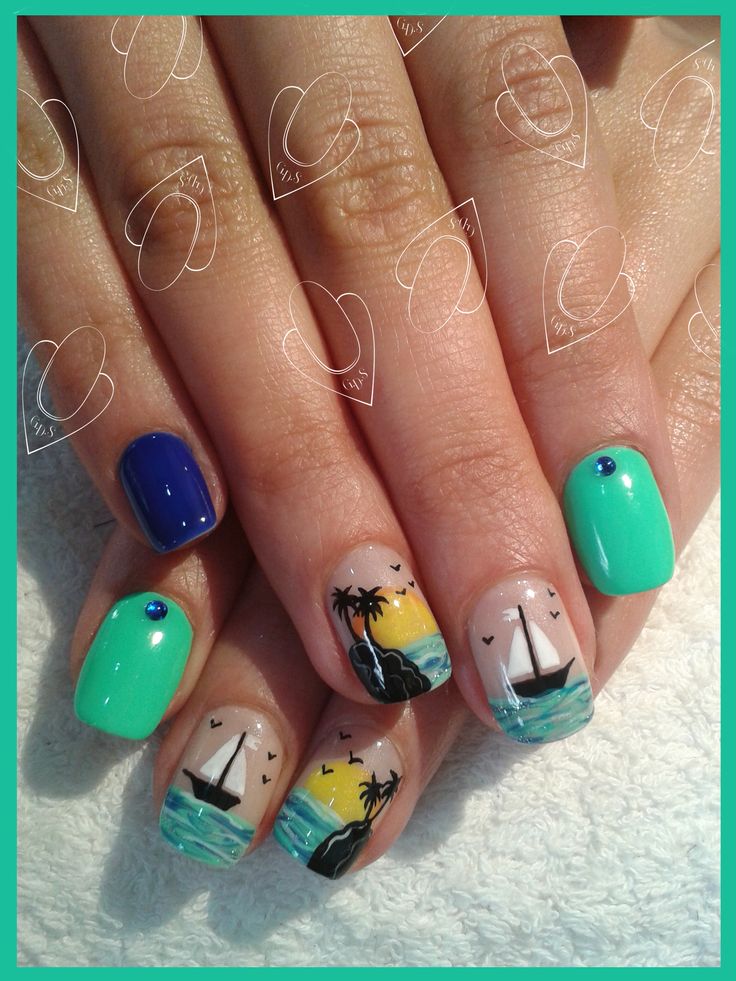 Tropical Seaside Nail Design: Sailboats, Palm Trees, and Sunset Aesthetic for Summer.