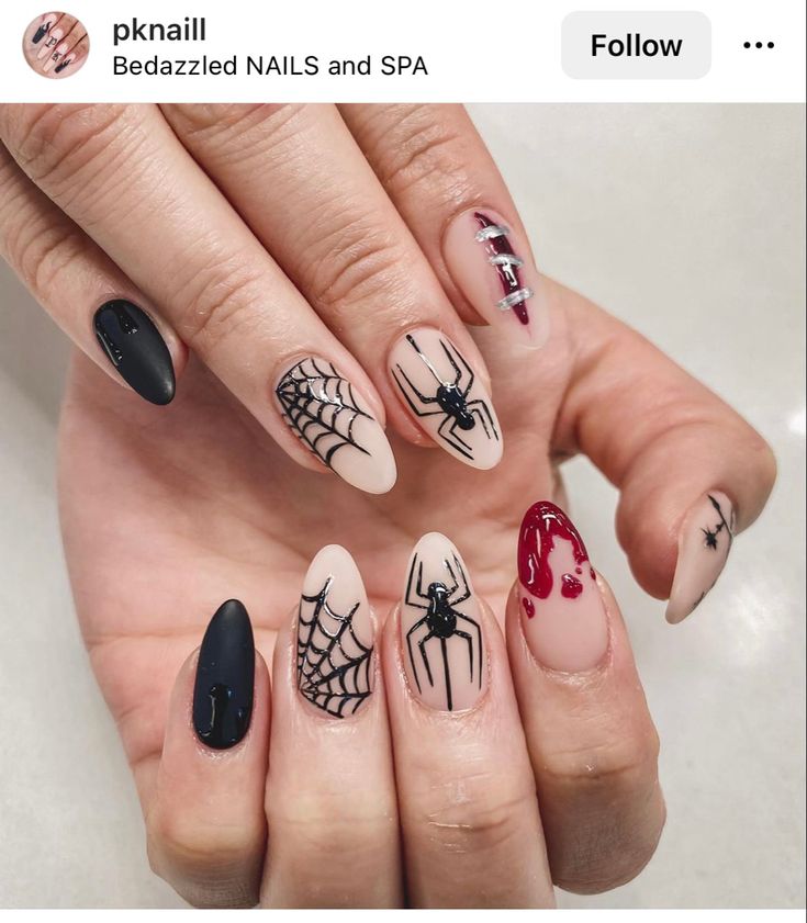 Spooky Elegant Nail Design with Intricate Spider Motifs and Glossy Red Accents.