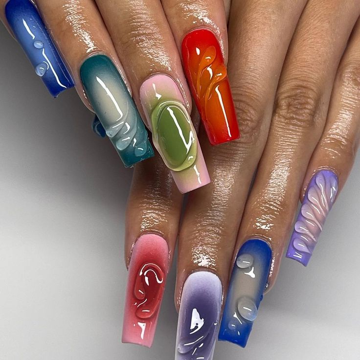 Vibrant Nail Design: Bold and Pastel Gradient with Glossy Gel Accents