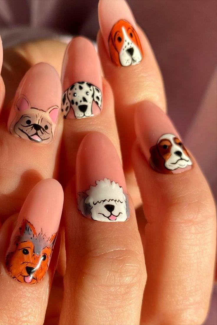 Whimsical Nail Art Showcasing Adorable Dog Breeds on a Soft Pink Base