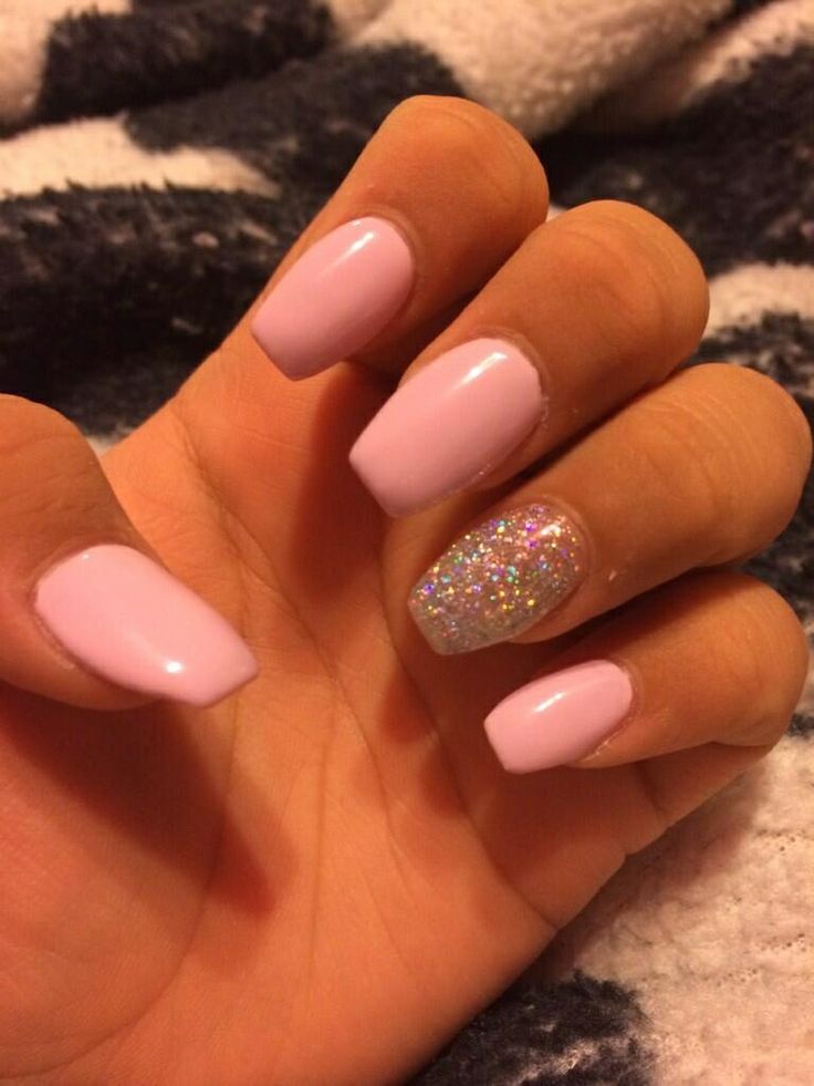 Chic Pastel Pink Nail Design with Glittering Accent for Effortless Glam.