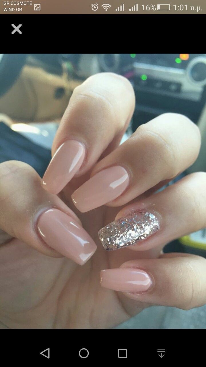 Chic Nude Nail Design with Glitter Accent for Sophisticated Glamour.