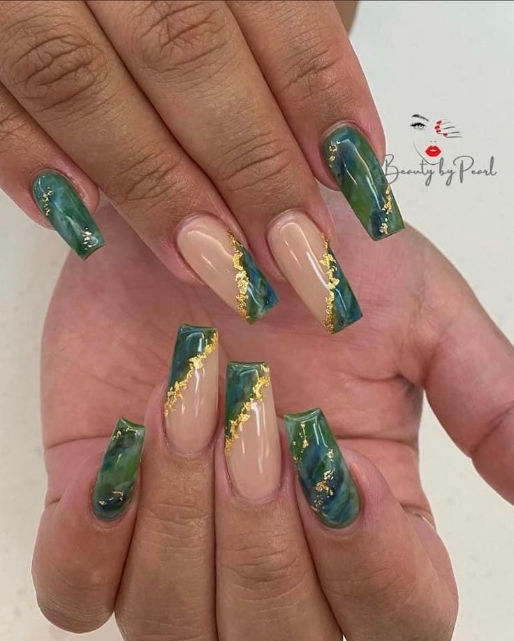 Serene Modern Nail Design: Teal and Earthy Tones with Elegant Gold Accents.