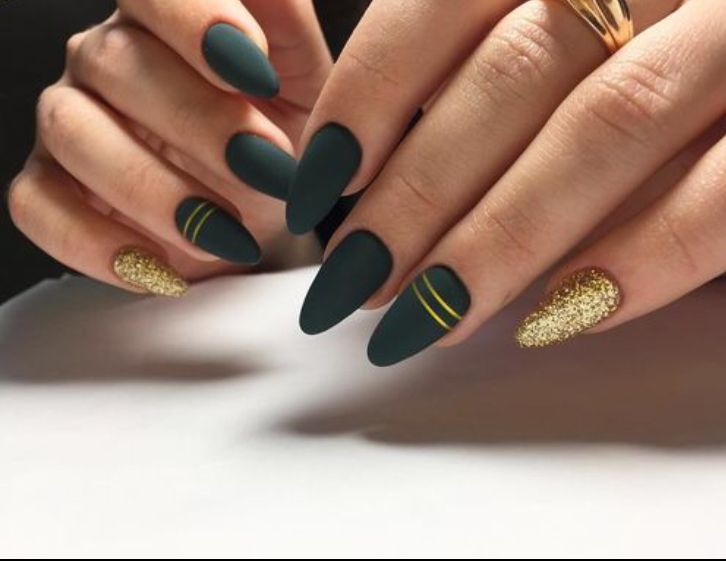 Elegant Matte Emerald-Green Nails with Glossy Gold Stripes and Glitter Accent for Sophisticated Style.