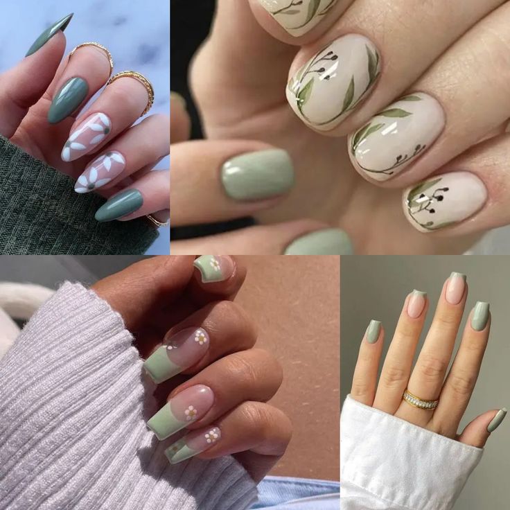 Elegant Nail Designs in Soothing Green with Botanical Accents and Versatile Lengths.