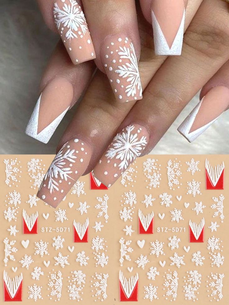 Chic Winter Nail Design: Soft Nude Base with Snowflakes, Polka Dots, and Geometric Tips.