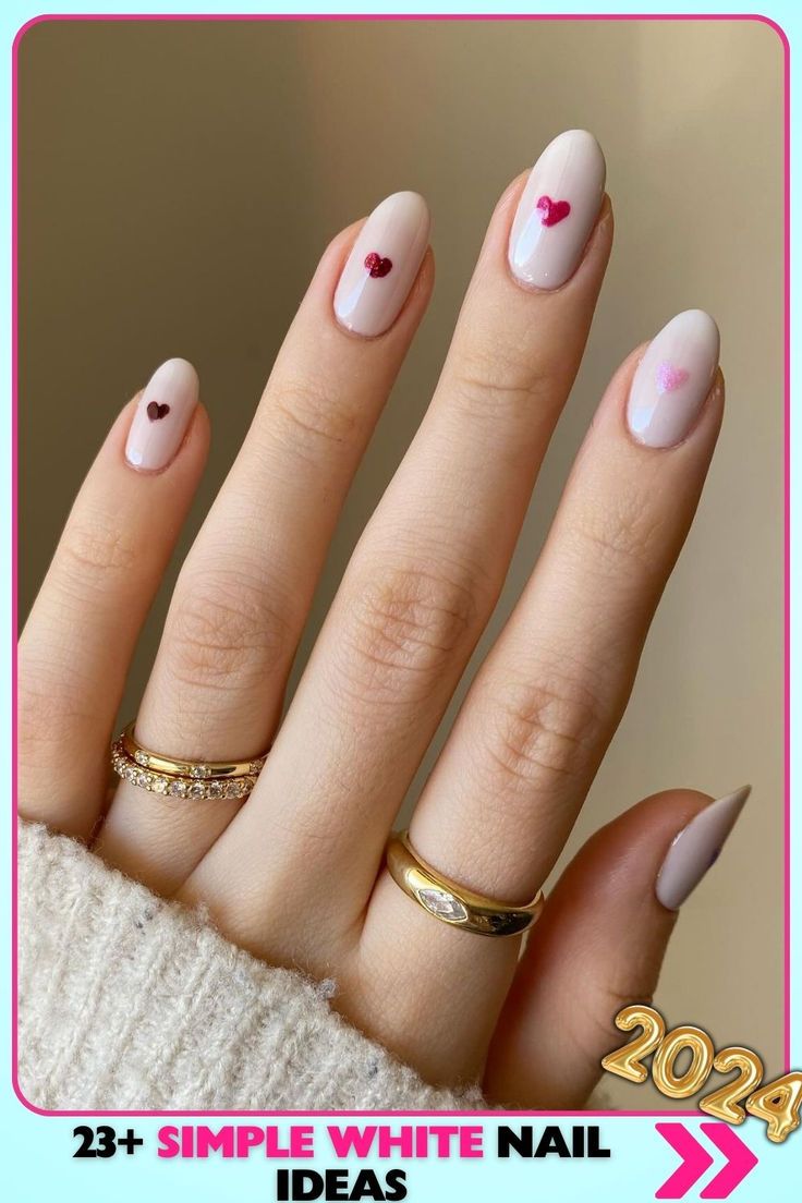 Charming Romantic Heart-Themed Nail Design on Soft Nude Background.