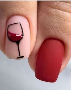 Elegant Nail Design with Playful Wine Glass Illustration for Wine Lovers.