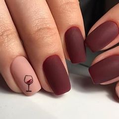 Chic Matte Burgundy Nails with Minimalist Wine Glass Design: A Versatile Statement for Any Occasion