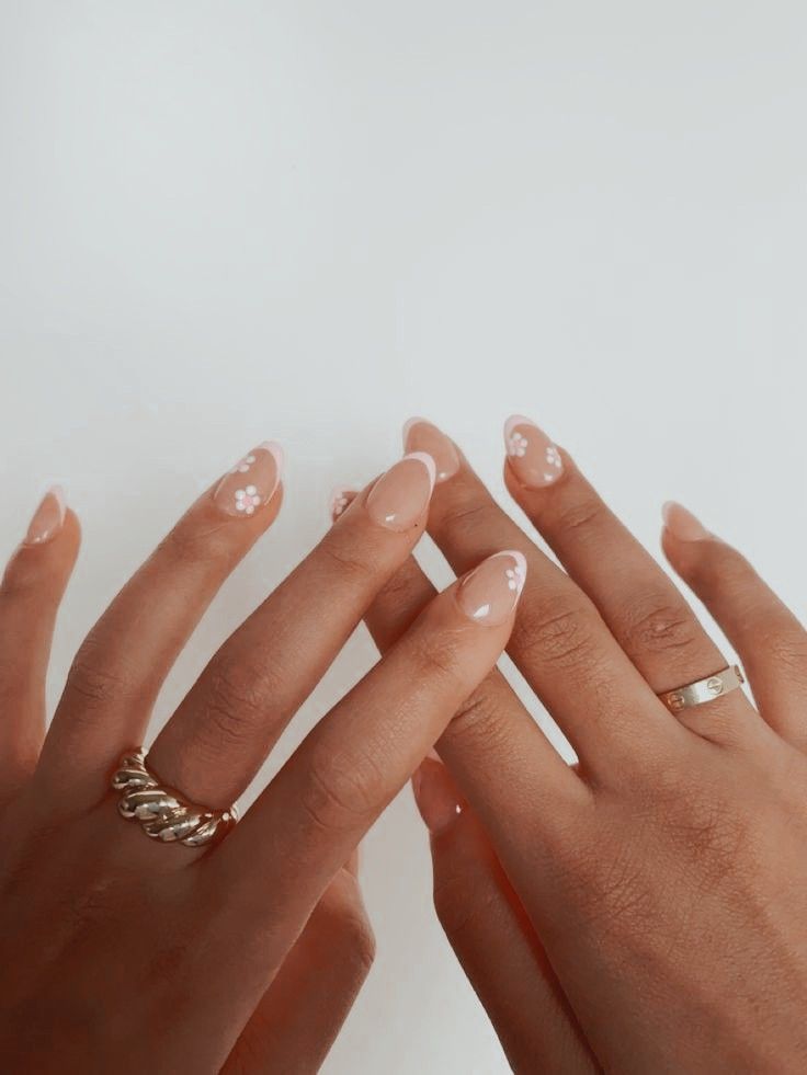 Elegant Nude Nail Design with Delicate Floral Accents for a Refined Spring/Summer Look.