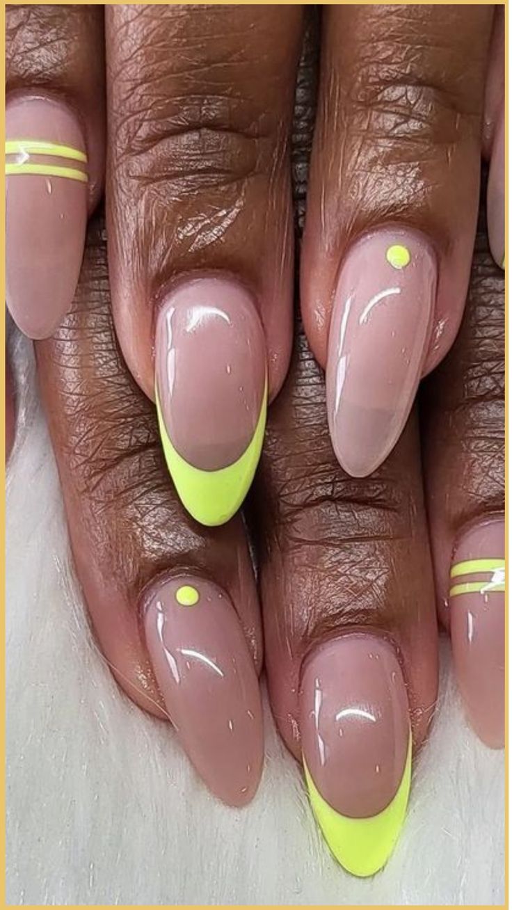 Chic Pastel Almond-Shaped Nails with Glossy Finish and Playful Yellow Accents.