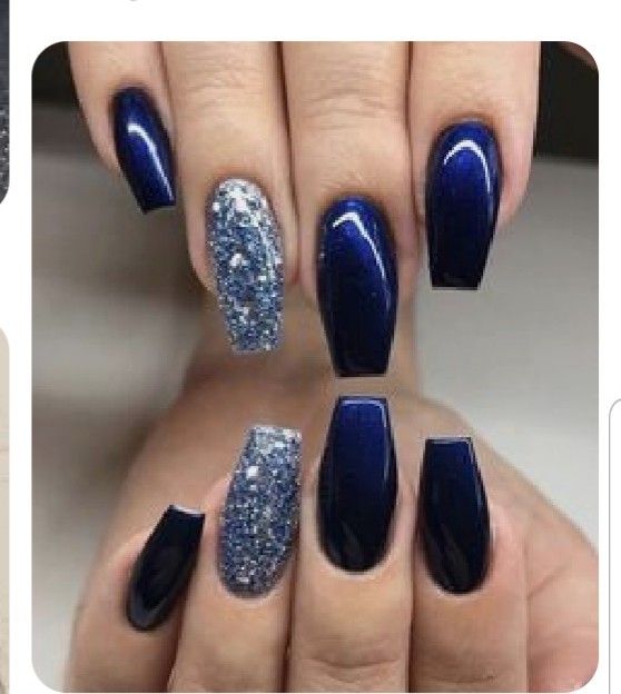 Sophisticated Deep Navy and Glittery Silver Nail Design for All Occasions