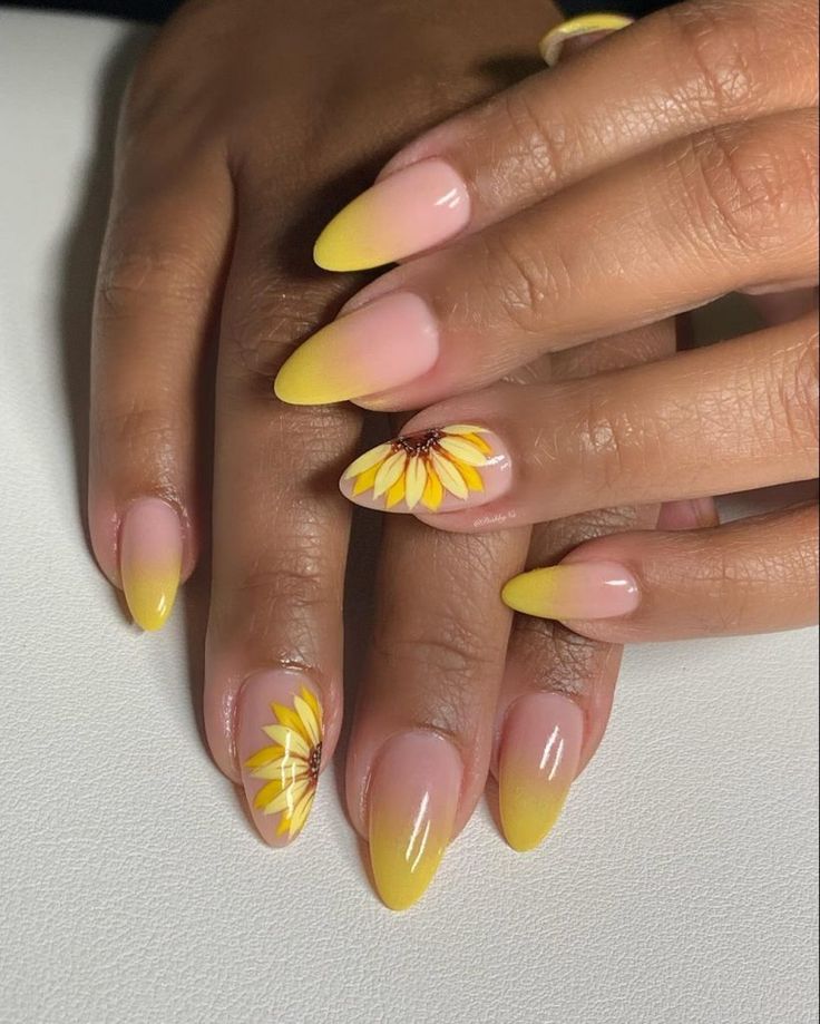 Vibrant Gradient Summer Nails with Hand-Painted Sunflower Accents