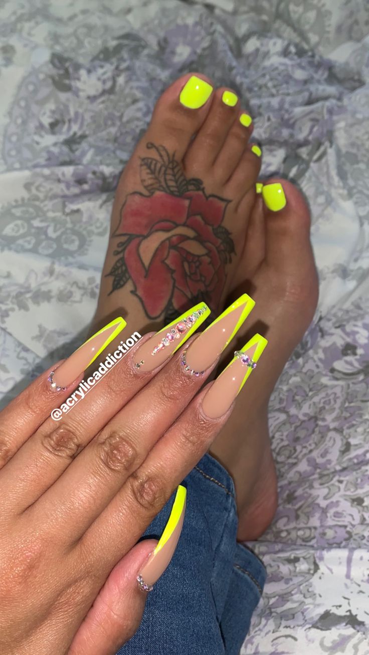 Bold Neon Nail Design with Yellow Tips and Nude Base for a Playful Summer Look.