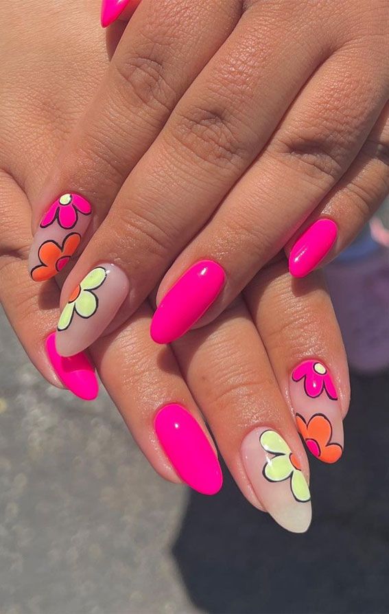 Playful Summer Vibe: Bright Pink Floral Nail Design