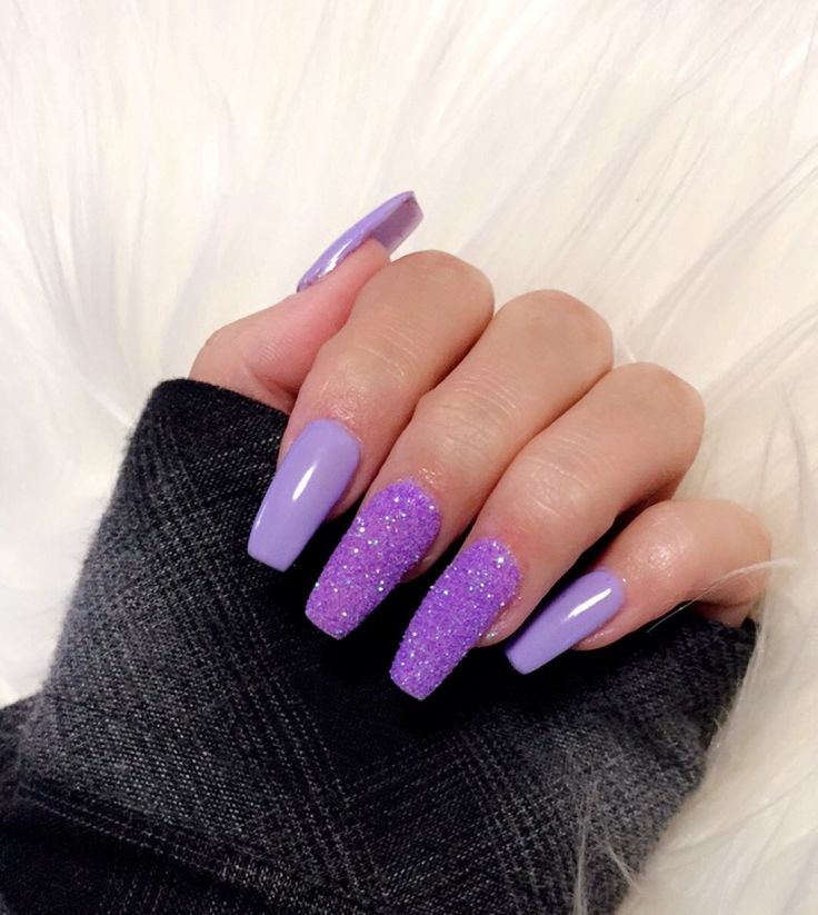 Vibrant Purple Nail Design: Glossy and Glitter Finishes on Chic Long Square Nails