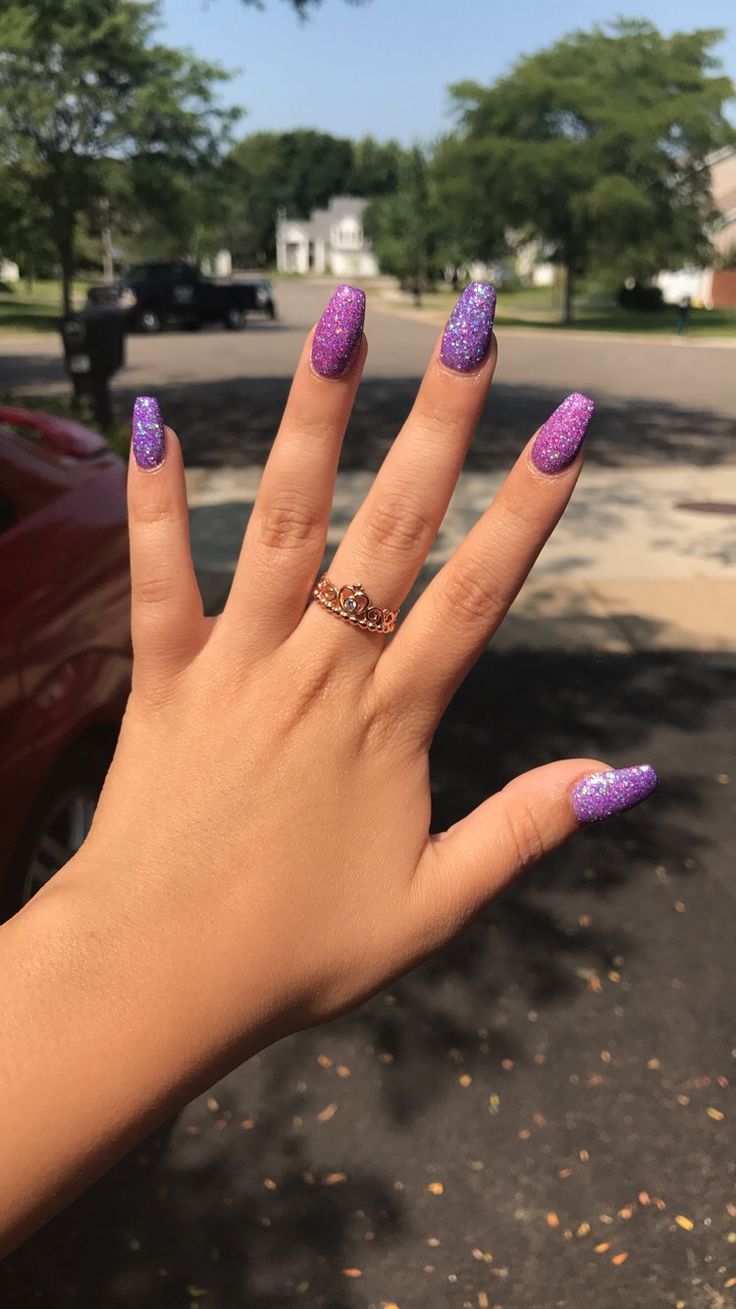 Chic Purple Ombre Glitter Nails with Elegant Shape and Glossy Finish