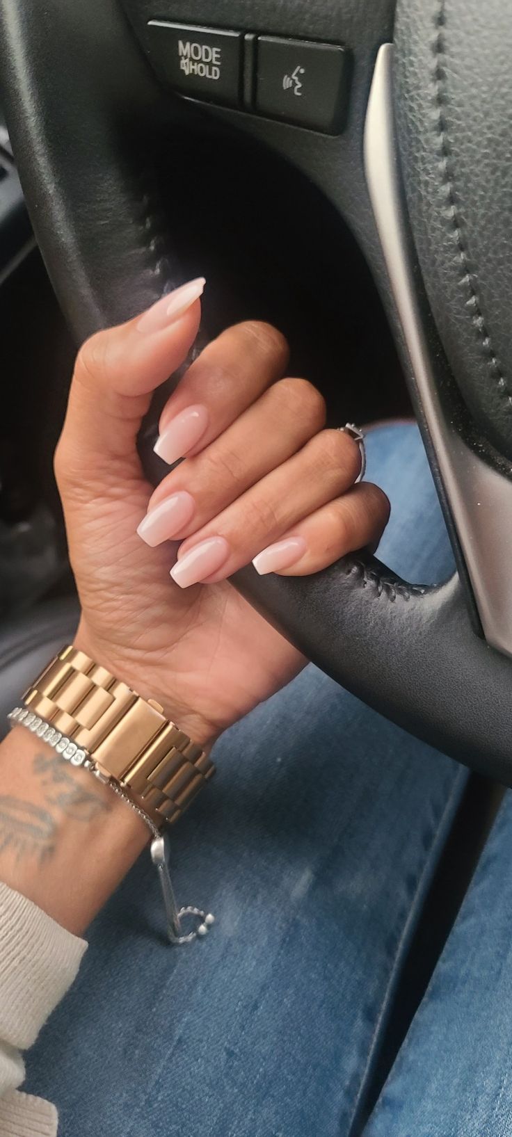 Chic Ombre Manicure with Long Square Nails and Sophisticated Gold Watch Accent.