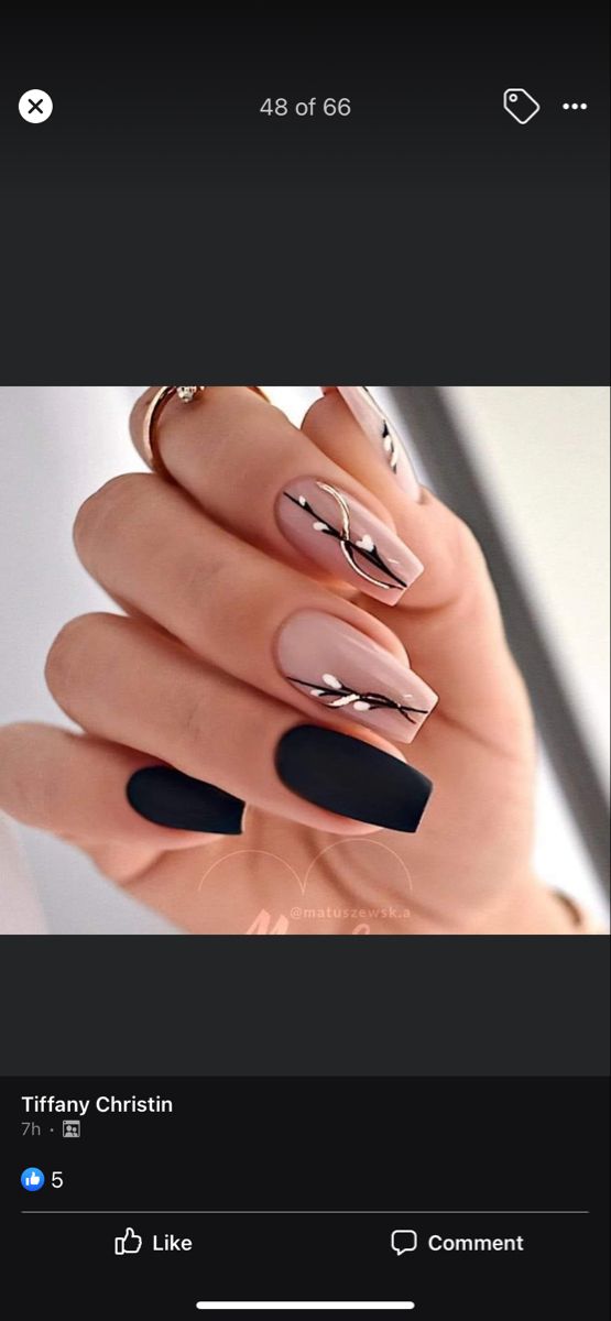 Chic Matte Black and Nude Nail Design with Gold and White Accents.