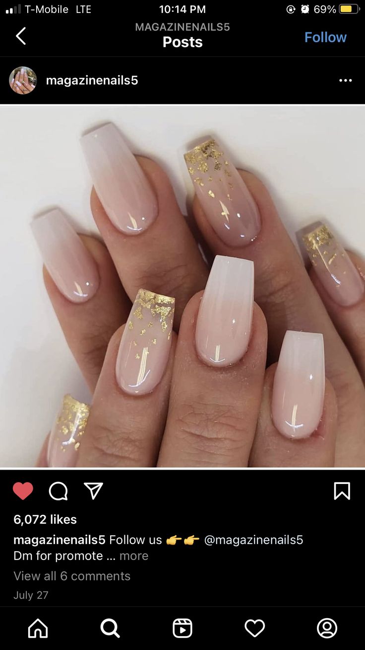 Sophisticated Ombre Nude Nails with Shimmering Gold Accents and Luxury Flakes