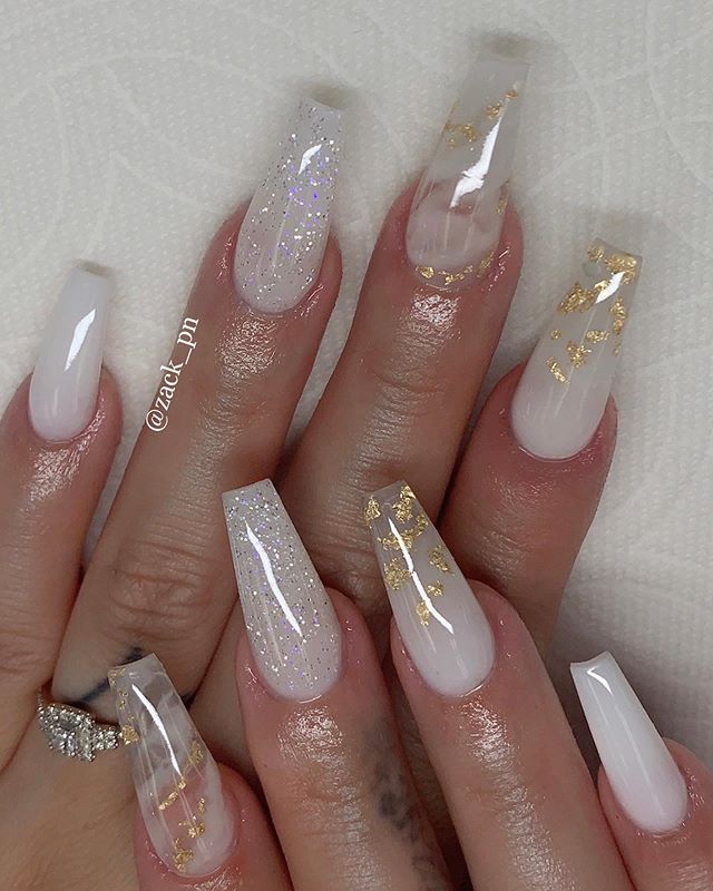 Chic Long Square Nail Design with Glossy White, Translucent Finishes, Sparkling Accents, and Gold Foil Details.