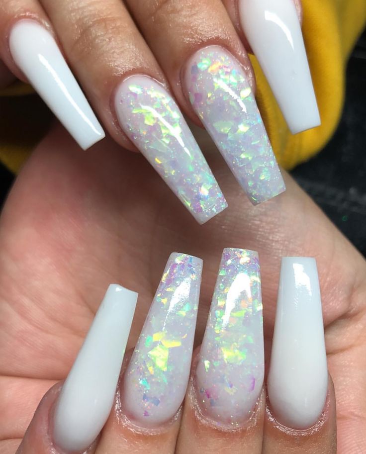 Chic Long White Tip Nails with Iridescent Flakes for Modern Elegance