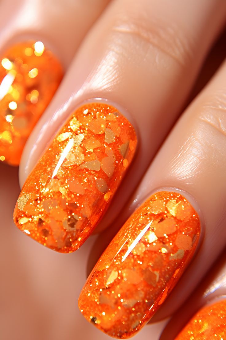 Festive Vibrant Orange Glitter Nail Design with Iridescent Accents and Glossy Finish.