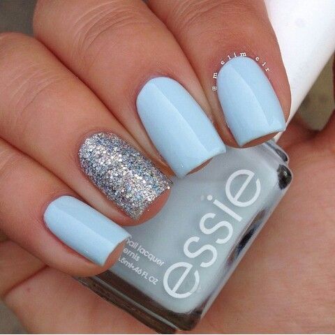 Chic Pastel Blue Nail Design with Glittering Silver Accent for a Modern Aesthetic.