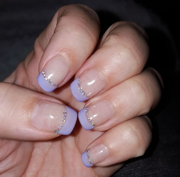 Chic Elegant Lavender French Tip Nails with Sparkling Silver Rhinestones.