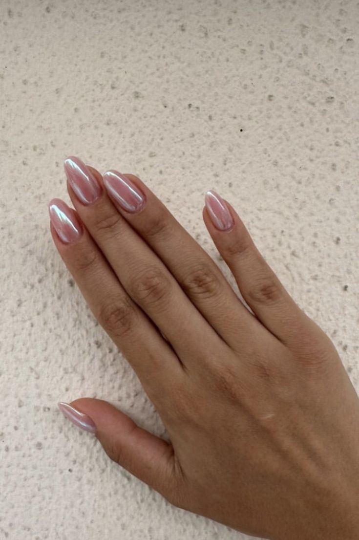 Chic Almond-Shaped Ombre Nails with Glossy Soft Pink Transition.