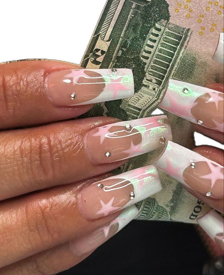 Chic Ombre Nail Design with Glossy Drips and Rhinestones