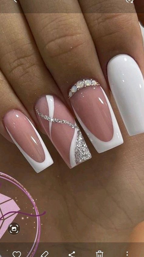 Chic Soft Pink and White Nail Design with French Tips and Glitter Swirls